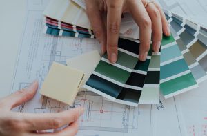 interior design paint swatches and blueprint